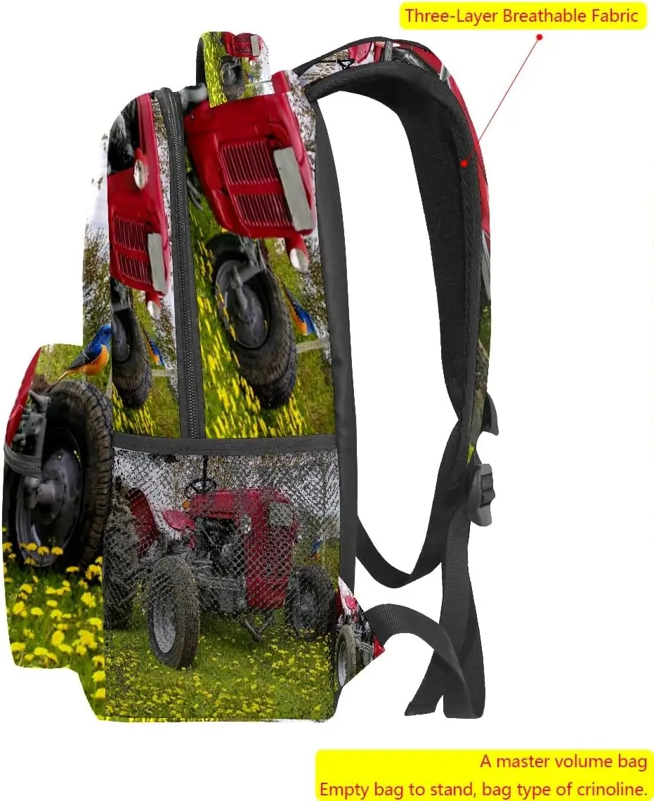 حقيبة ظهر حمراء للجرارات، طباعة مشهد الريف، حقيبة يومية واسعة مع جيوب شبكية، رائعة لمحبي الطبيعة والاستخدام الخارجي #4