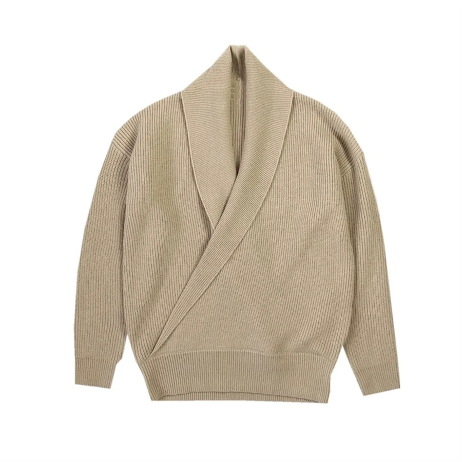 Nuevo 2026 Jersey para hombre, suéter informal holgado con cuello en V grande para hombre, prendas de punto para primavera y otoño, abrigo de punto liso con cuello vuelto perezoso