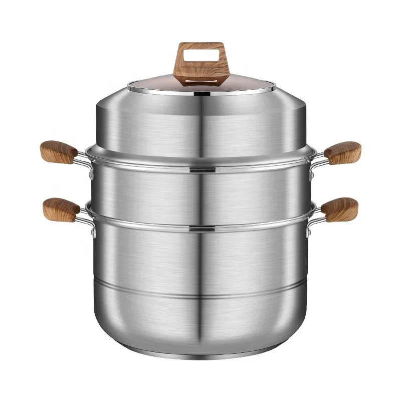 High-quality stainless steel soup pot double-layer wooden handle steamer, convenient, practical and durable