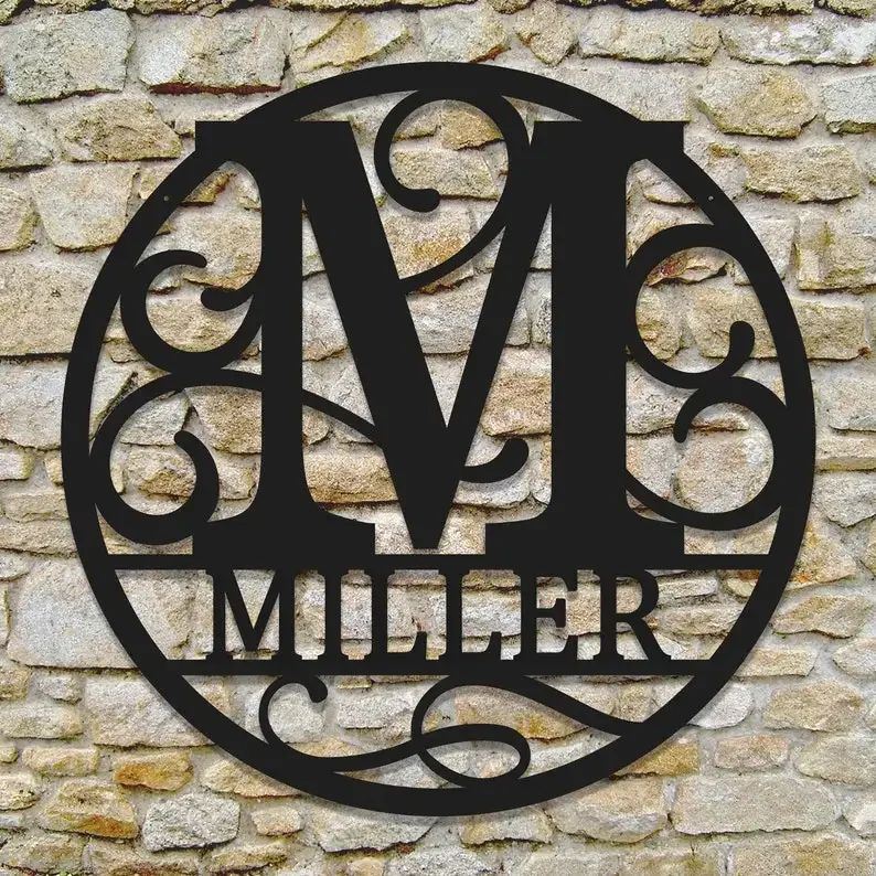 

Round Metal Monogram Wedding Gift Family Name Outdoor Sign Last Decor Front Door Unique Keepsake Modern Display