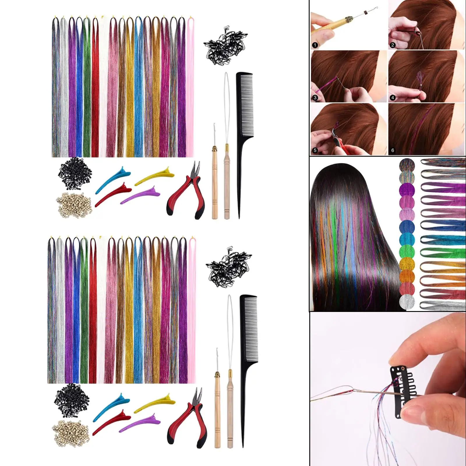 Hair Extension Tinsel Kit 12 Colors with Tools 2400 Strands Glitter Hair