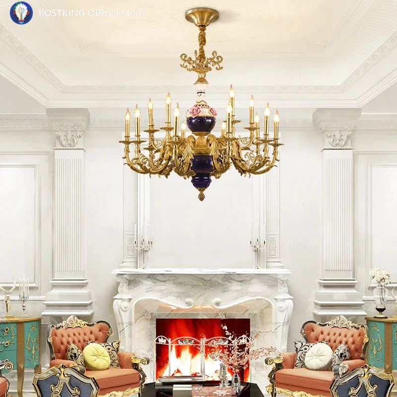 French Copper Living Room Large Chandelier European Restaurant Lamp Luxury Creative Villa Duplex Hotel Candle Lamp