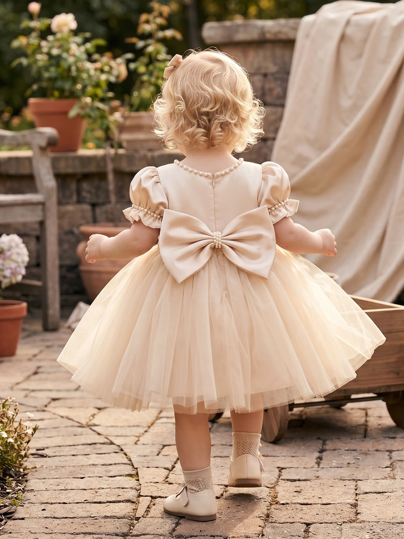 Baby Girls Champagne Puff Sleeve Satin Bow Tulle Dress Pearl Trim Princess Party Gown For Birthday Event Celebration Celebration