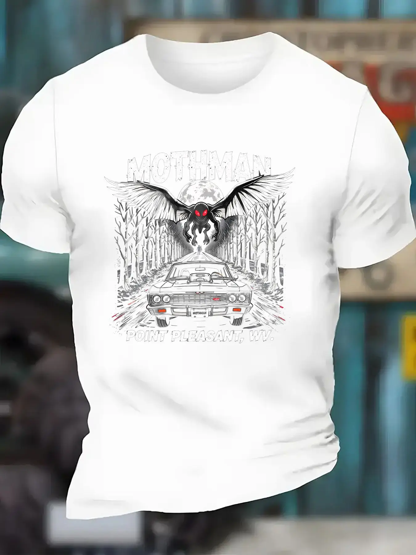 Vintage West Virginia Point Pleasant Mothman Creature & Car T-Shirt 100% Cotton O-Neck Short Sleeve Summer Casual Mens T-shirt