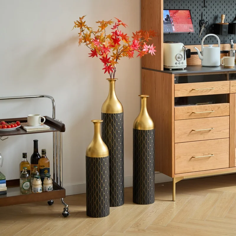3-Piece Black Gold Honeycomb Metal Floor Vases Set for Living Room Entryway Modern Glam Decor with Pampas Grass & Dried Flowers