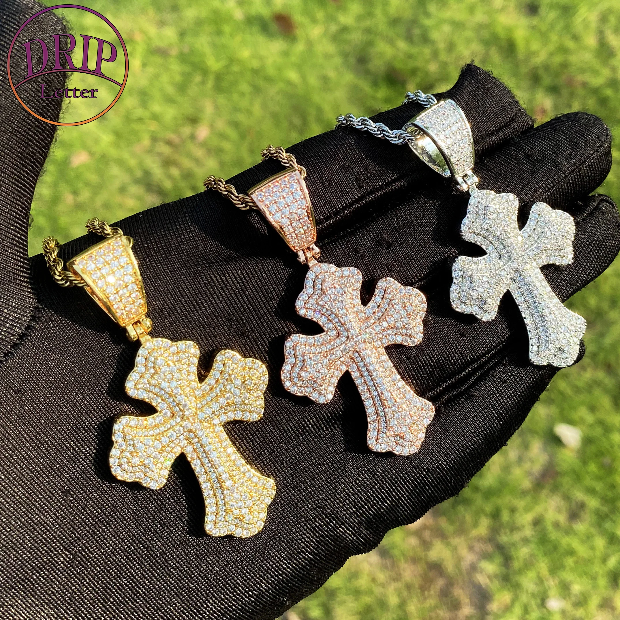 

Drip Letter Iced Out Cross Necklace Pendant for Women Prong Setting Cubic Zirconia Hip Hop Jewelry