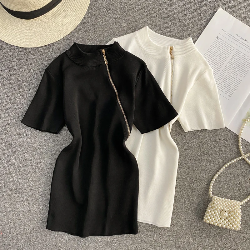 

Женская трикотажная футболка Slim Fit с коротким рукавом, в полоску, с цветными блоками, на молнии, с воротником-стойкой, в корейском стиле, для повседневной носки
