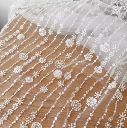 Milk White Sequins Beading Cloth, Bridal Dress Accessories, Striped Flower, 3D Lace Fabric