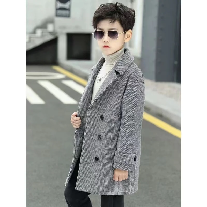 Boy's Thousand-bird Check Coat 2024 Autumn Winter New Zhongda Children's Woolen Plus Fleece Thick Coat Trench Coat for Children