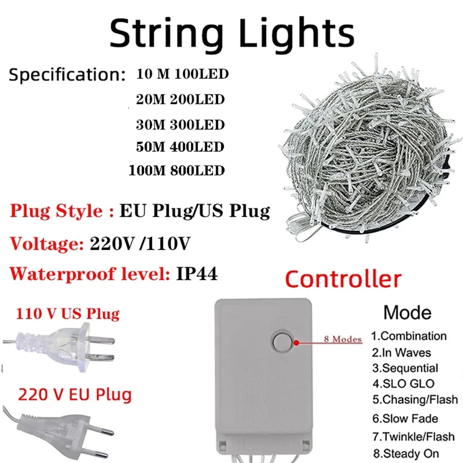 100M 800 LED Luci natalizie per esterni impermeabili 8 modalità Luci ghiaccioli per la casa Giardino Festa Matrimonio Ghirlanda Decor