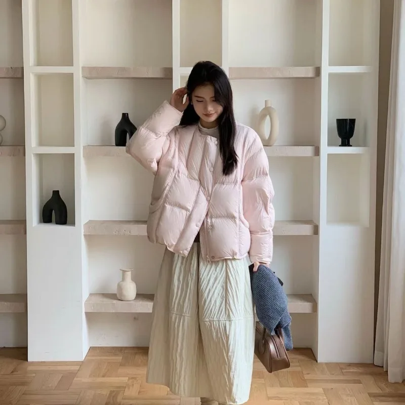 Abrigos de plumón de pato blanco cálido para Mujer, chaqueta acolchada acolchada, abrigo corto grueso y versátil con cuello redondo, tendencia de otoño e invierno