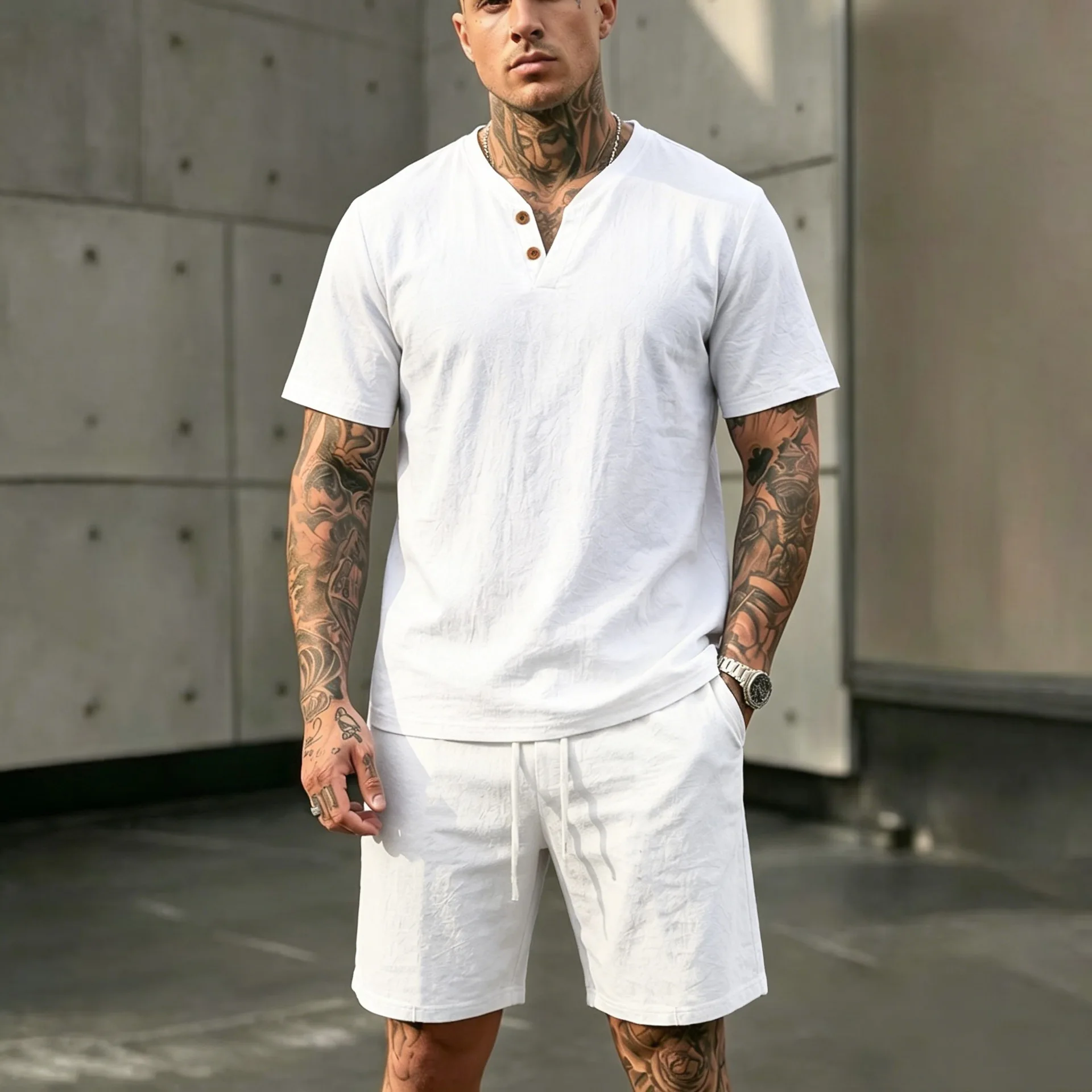 2026 Sommer Europäisch-Amerikanisches Herren-Leinen-Henley-Polo-Zweiteiler-Set: Lockeres Kurzarm-T-Shirt mit passenden Shorts – Atmungsaktives Urlaubsoutfit – Detail 2