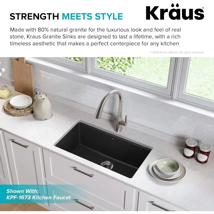 HOME KGU-413B حوض مطبخ جرانيت فردي، 31 بوصة، أسود