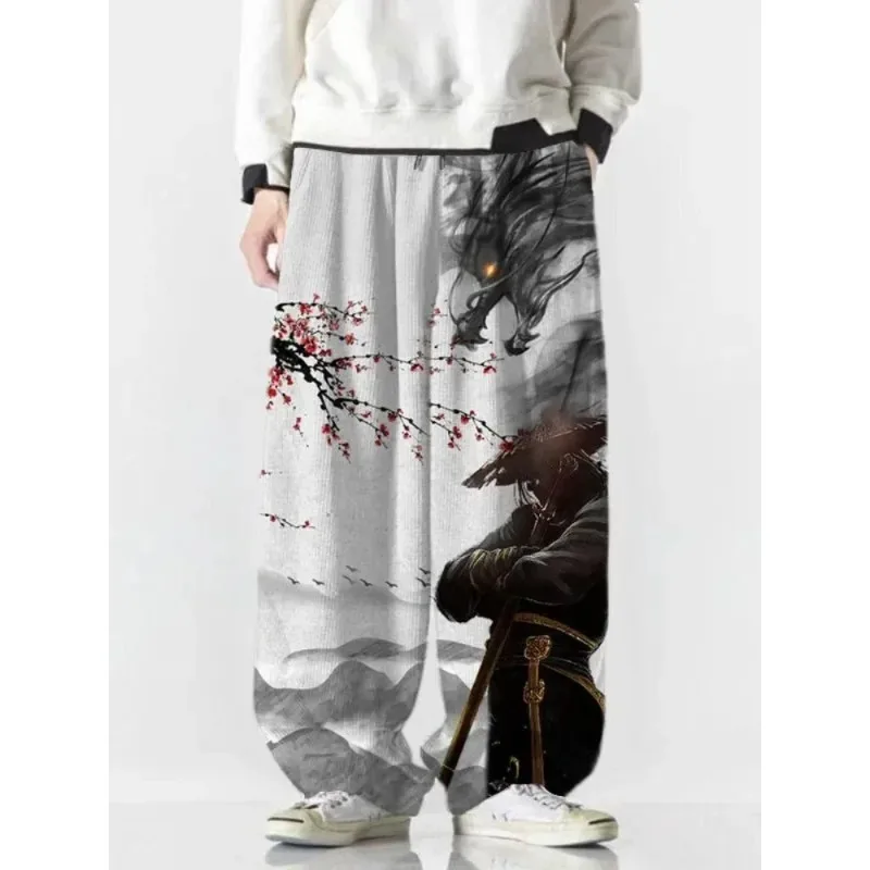 

Men's Cherry Blossom Scenery Dragon Samurai Japanese Art Printed Casual Pants High Street Wide Leg Pants Unisex Joggers Trousers