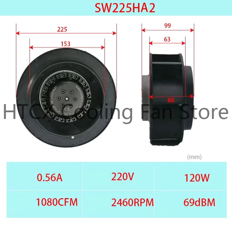 

Brand New Outer Rotor Industrial Vortex Centrifugal Fan AC Cooling Fan 220V 0.56A 120W 225mm 99mm 88mm 63mm SW225HA2