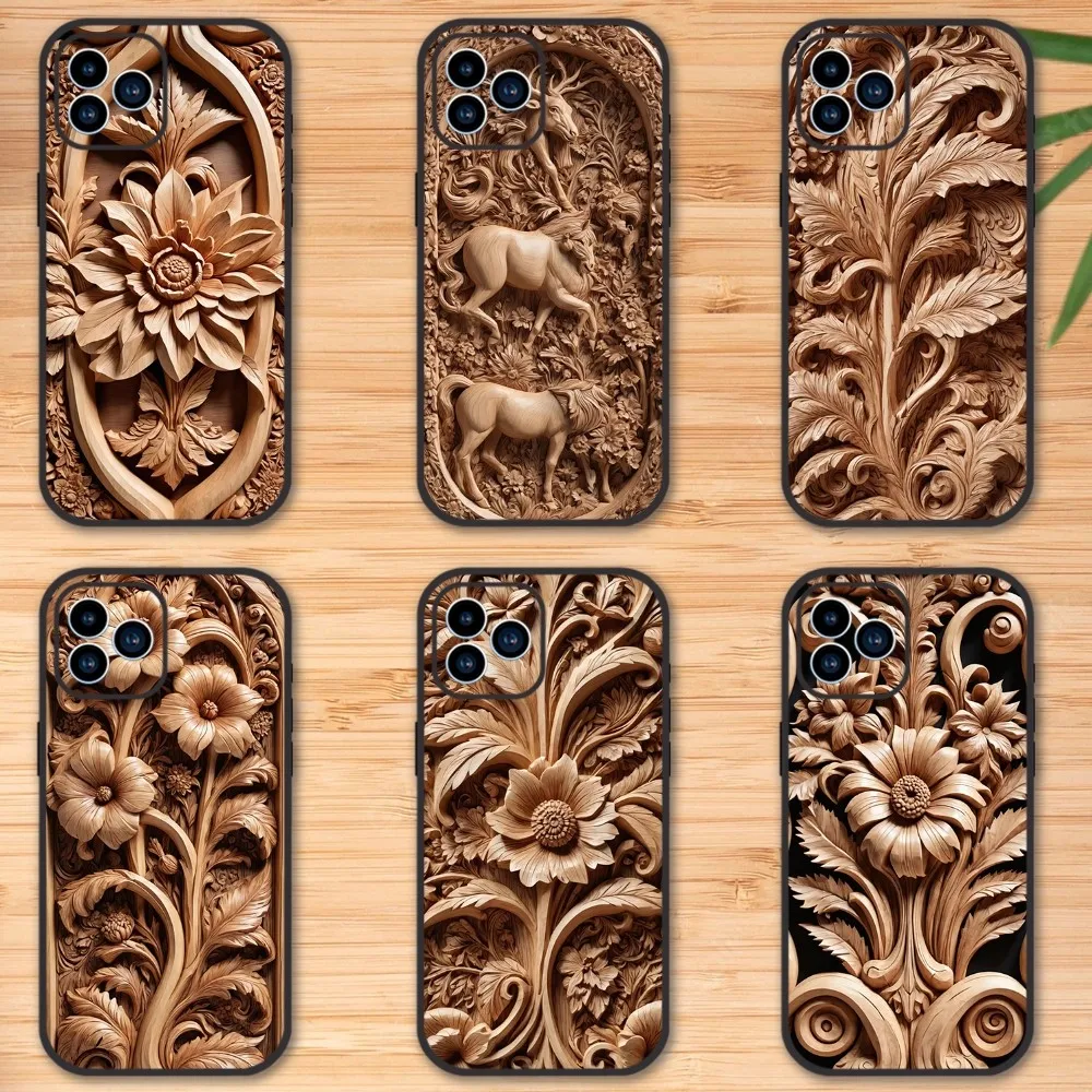 Carved Wood Phone Case For iPhone 13 12 11 14 15 Pro Max X XR XSMax 7 8 Plus Soft Back case