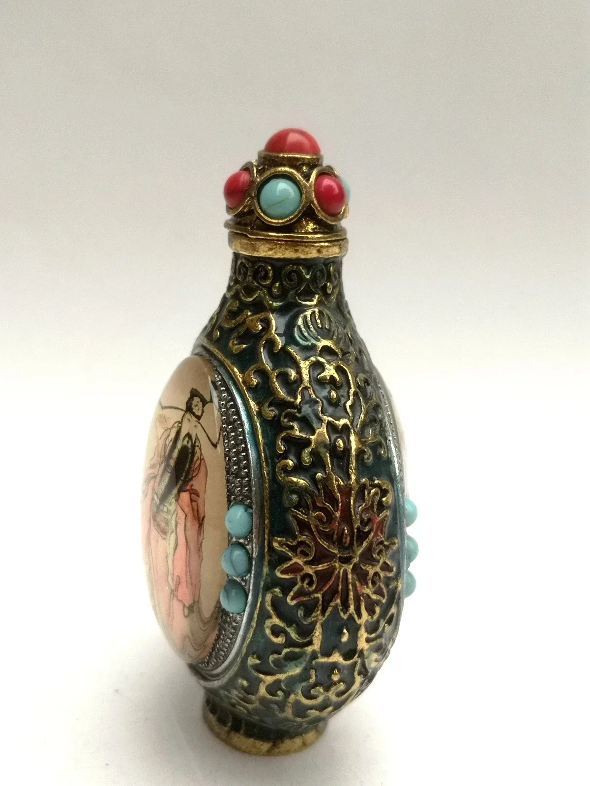 Collection Old China Cloisonne Bronze Carving Inlay God of Longevity God of Wealth Painting Snuff Bottles