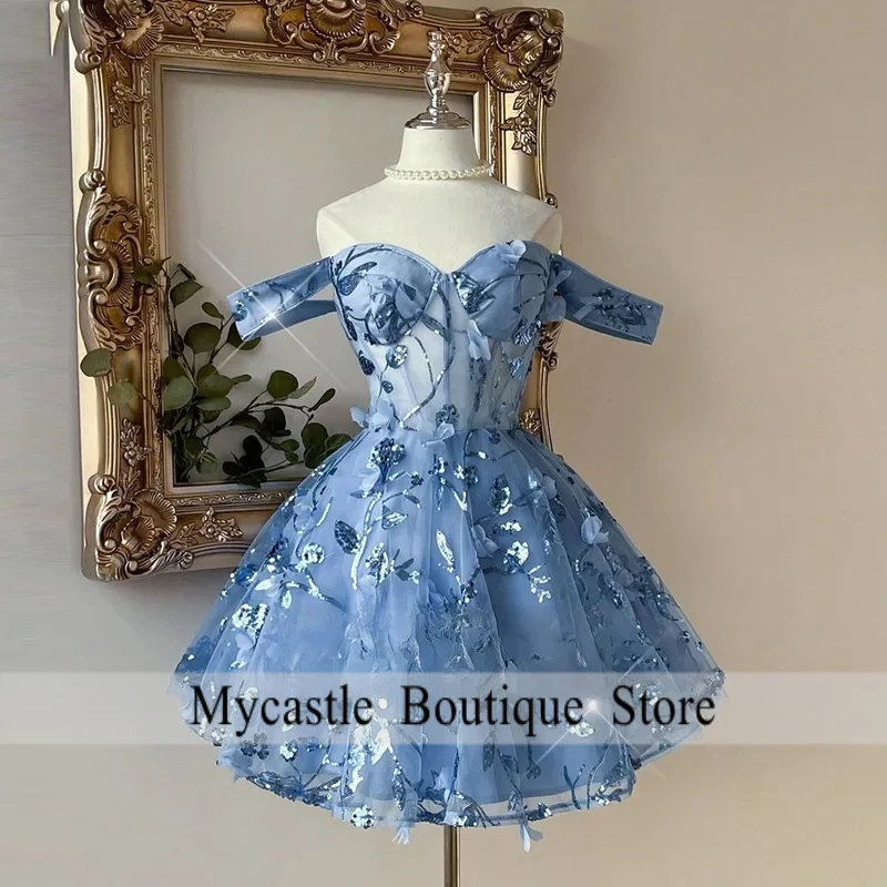Blue Glitter Short 15th Quinceanera Dresses Sequin Off the Shoulder Lace up Vestidos De 15 Años Quinceañera 2026 Customized