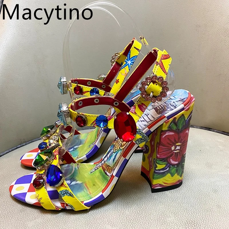 2024 Gem Decorative Print Design Ladies 14CM High Heel sandalias Round Toe Block Shoes Fashion Party Shoes