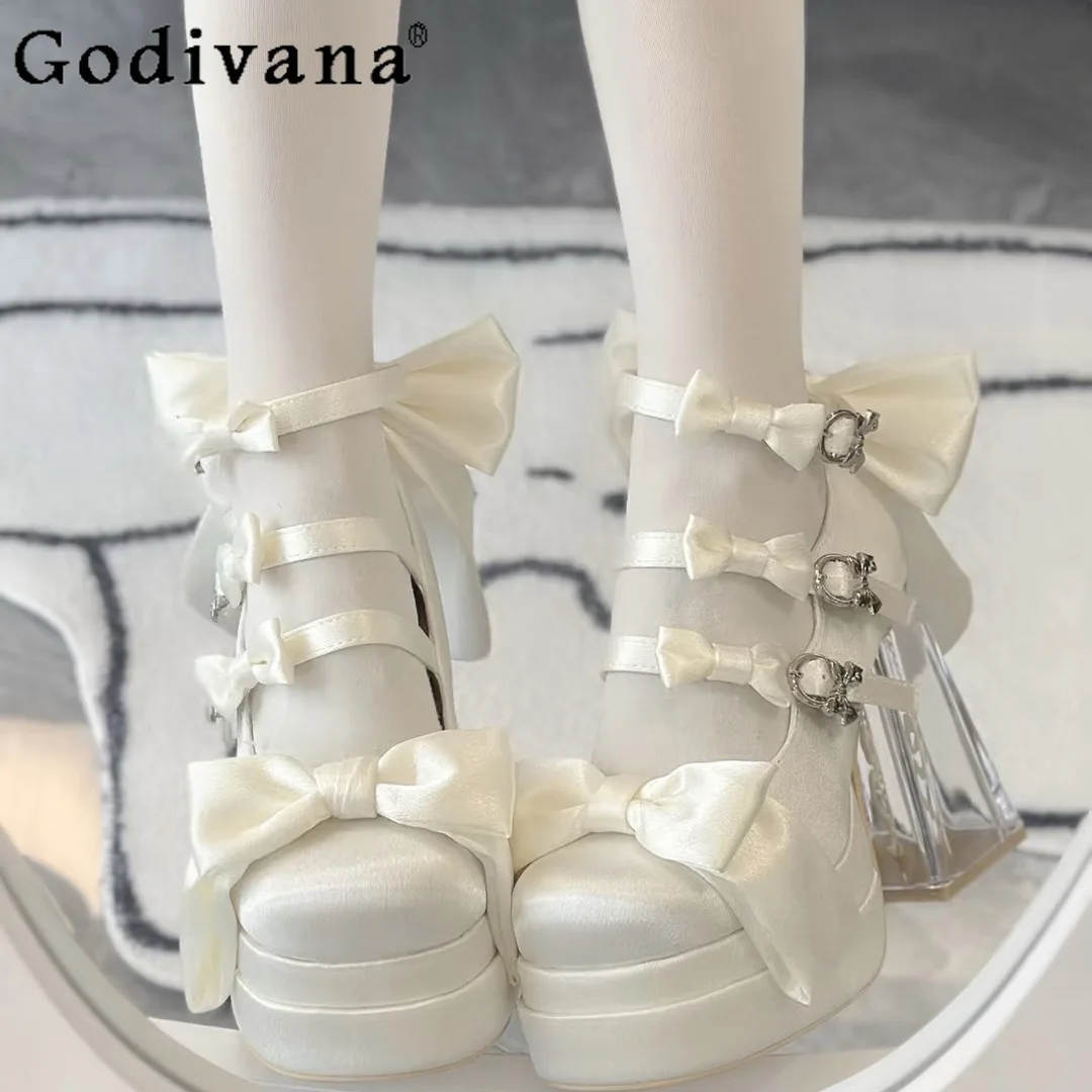 

Lolita Sweet Mary Jane Round Toe Shoes Women Satin Drop Bow Lolita Elegant Shoes Girls Japanese Transparent High Heels Shoes