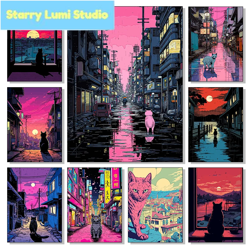 Retro Japan Cat City Pop Art Purple Street Posters and Prints Diamond Printing Wall Picture for Living Room Home Decoration
