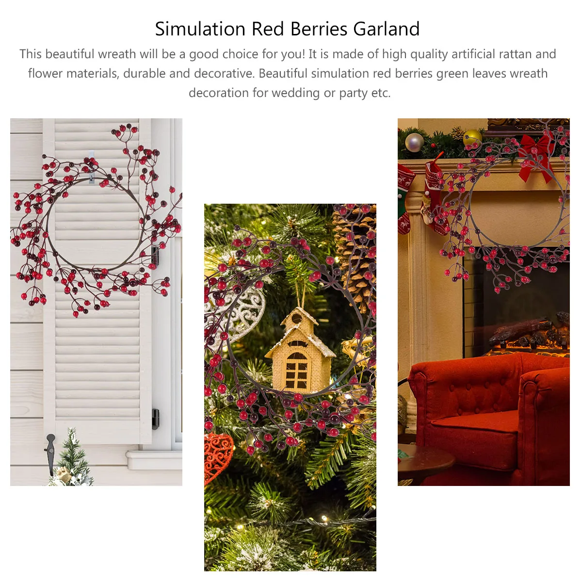 

Artificial Rattan Red Berries Wreath Garland Christmas Door Hanging Holiday Decoration Lightweight Portable Pine Cone Green