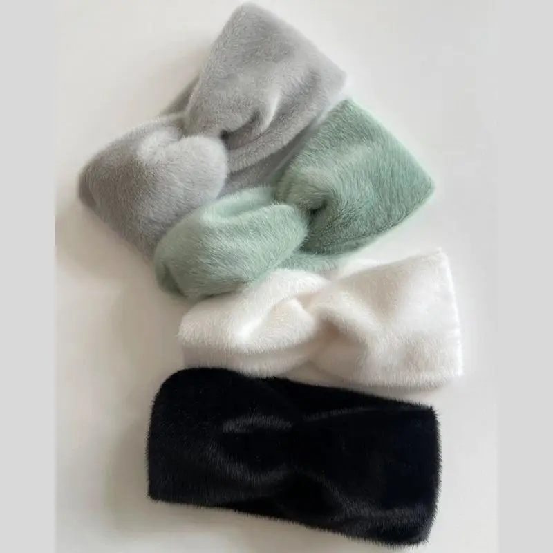 Diademas de piel de visón Lisa de felpa para mujeres y niñas, turbante grueso y suave cruzado ancho para invierno, diadema más cálida para las orejas, accesorios para el cabello
