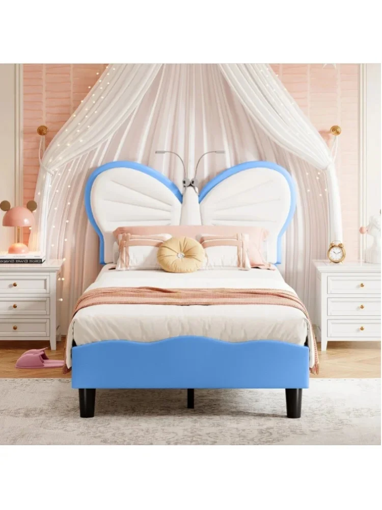 Polsterbett 90x200/90x190cm mit verstellbarem Kopfteil und Leselampen, Schmetterlingsform, Kinderbett mit Holzlattenrost, Einzelbett, Jugendbett, Gästebett, Rosa-Weiß/Blau-Weiß, ohne Matratze