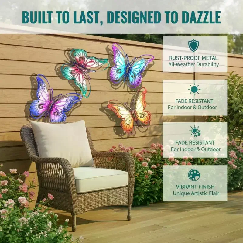 4Pcs Metal Butterfly Wall Decor, Butterfly Outdoor Wall Art For Fence Garden Yard Room Patio Balcony Decorations