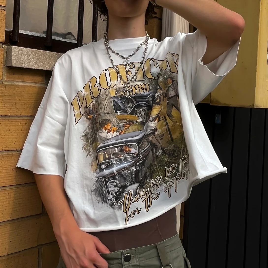 Streetwear Oversized T Shirt Men Women Harajuku Retro Letter Graphic Print T Shirt Gothic Cotton White Short Sleeves Y2K Clothes