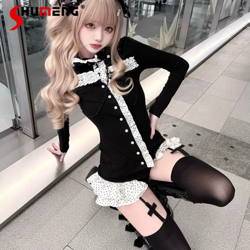 

New Spring Gothic Punk Women's Cross Polka Dot Stacked High Collar Button Black Cardigan Tops Mesh Dot Cake Shorts Punk Outfits