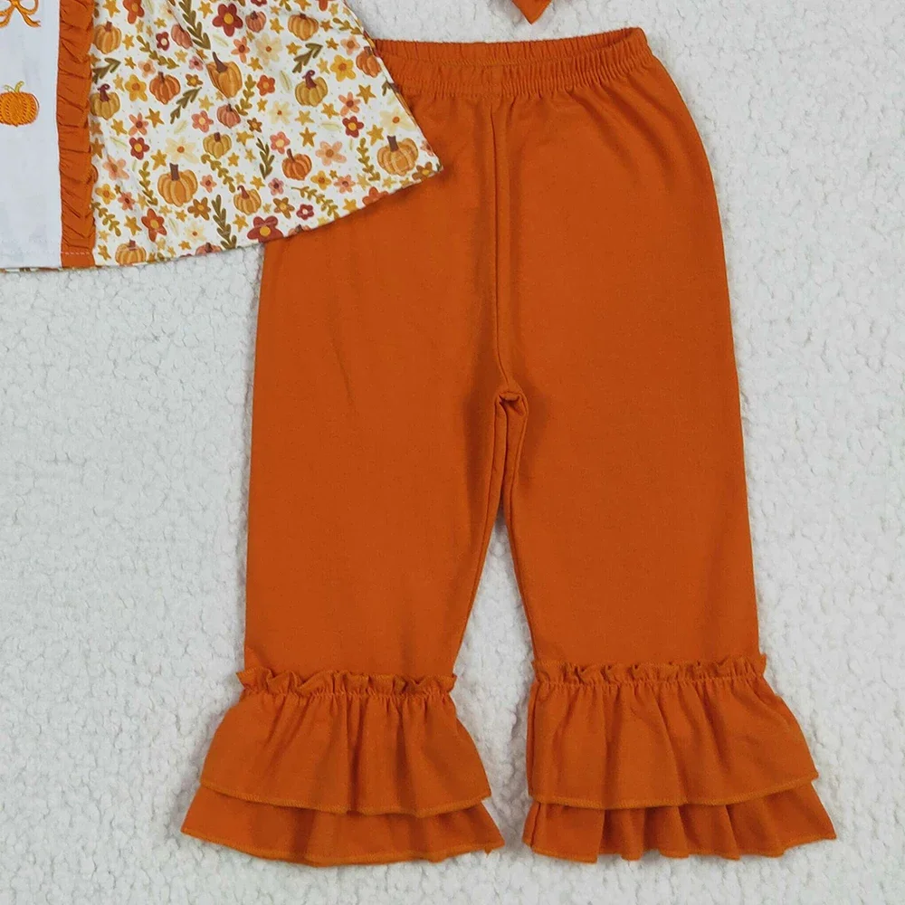 طفلة الملابس التطريز طفل الفتيات الخريف الزهور الانحناء القرع تونك كشكش السراويل مجموعات