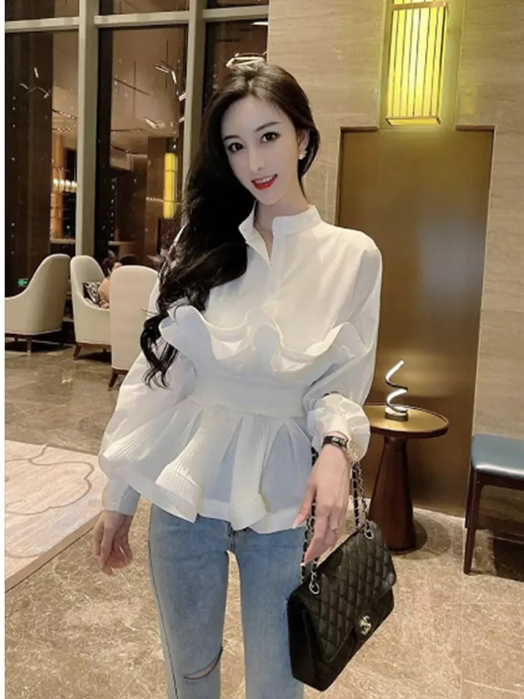 High End Design Sense Niche Ruffle Edge Waist Cinched Shirt Women's White Top Fashionable Versatile Western-Style Layered Shirt