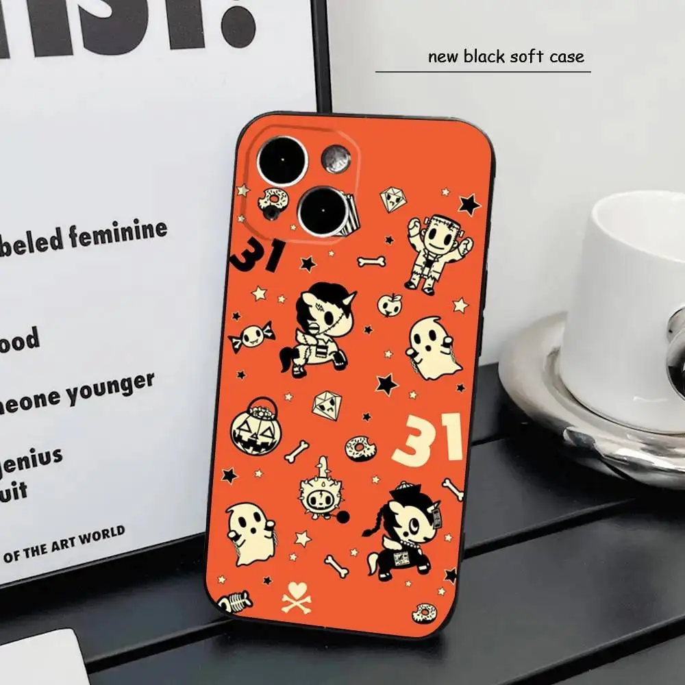 iPhone16,15,14,13,12 Mini 11 Pro XR,X,XS,MAX 7,8 Plus 실리콘 커버 소프트 블랙 용 귀여운 T-Tokidokis 유니콘 전화 케이스