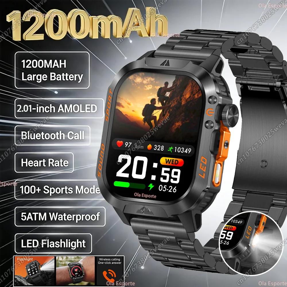 

Смарт-часы для мужчин 2026 года, прочные, для активного отдыха, с аккумулятором 1200 мАч, LED-фонариком, водонепроницаемые, с Bluetooth-вызовами, военные смарт-часы HT30