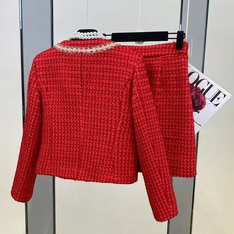 Women’s Tweed Jacquard Pink Suit Jacket Coat Top And Mini Skirt Two Piece Set Elegant Chic Outfit Winter Party Fragrant Clothin