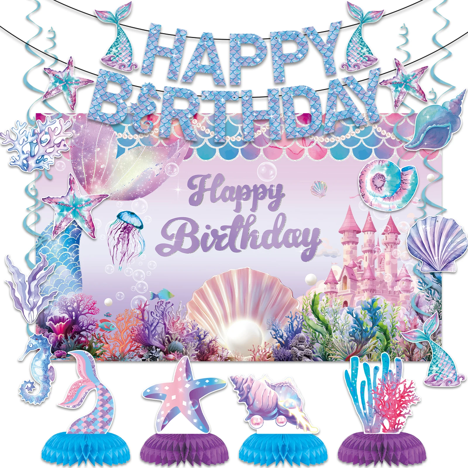 

Mermaid Birthday Party Decorations Mermaid Happy Birthday Banner with Honeycomb Centerpieces for Mermaid Party Decor