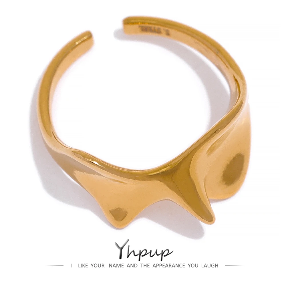 Yhpup Creative Stainless Steel Golden Opening Ring for Women Unique Metal Charm Ring Waterpoof Finger Stylish Jewelry