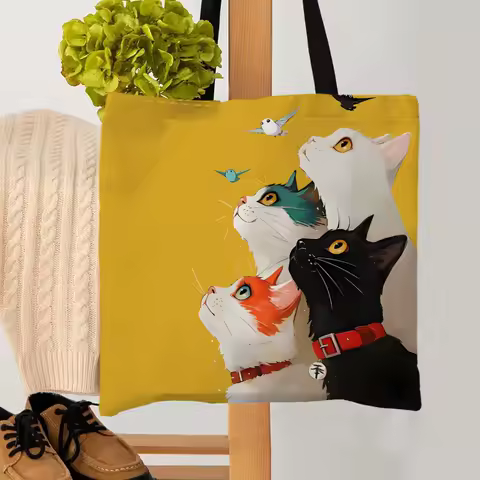 1pc Stacked Cat Handbag, Reusable Fashionable Handbag, Multifunctional Handbag, Printed Canvas Shopping Bag