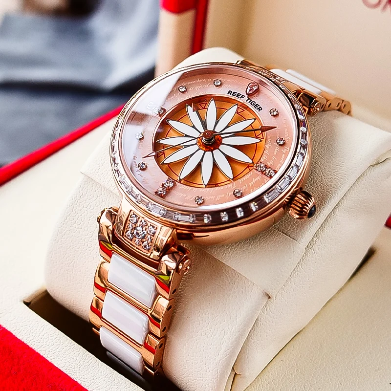 

Reef Tiger/RT Luxury Lily Women Watch Rose Gold Diamonds Bezel Top Brand Bracelet Clocks Relogio Feminino RGA1599