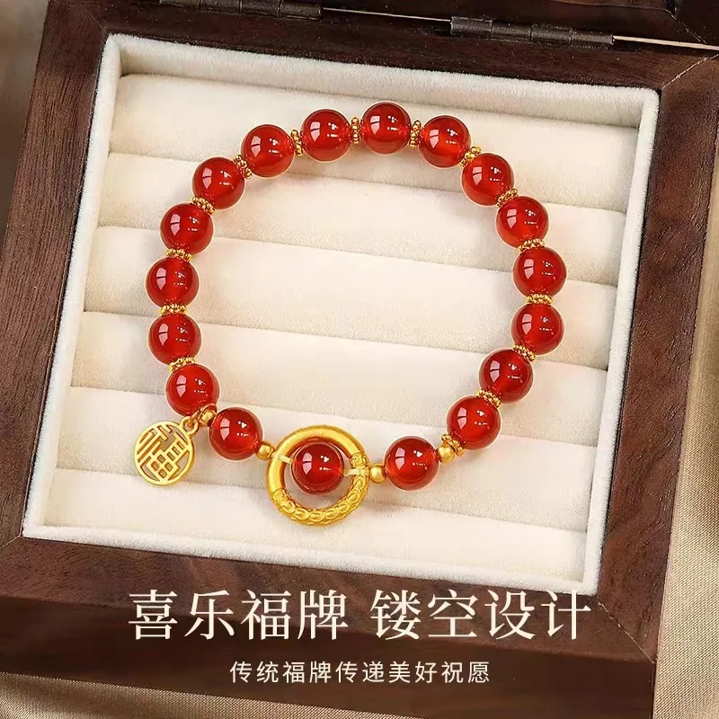 

Real gold and red agate acacia bean bracelet AU999 pure gold fortune brand bracelet womens temperament 24k jewelry wholesale