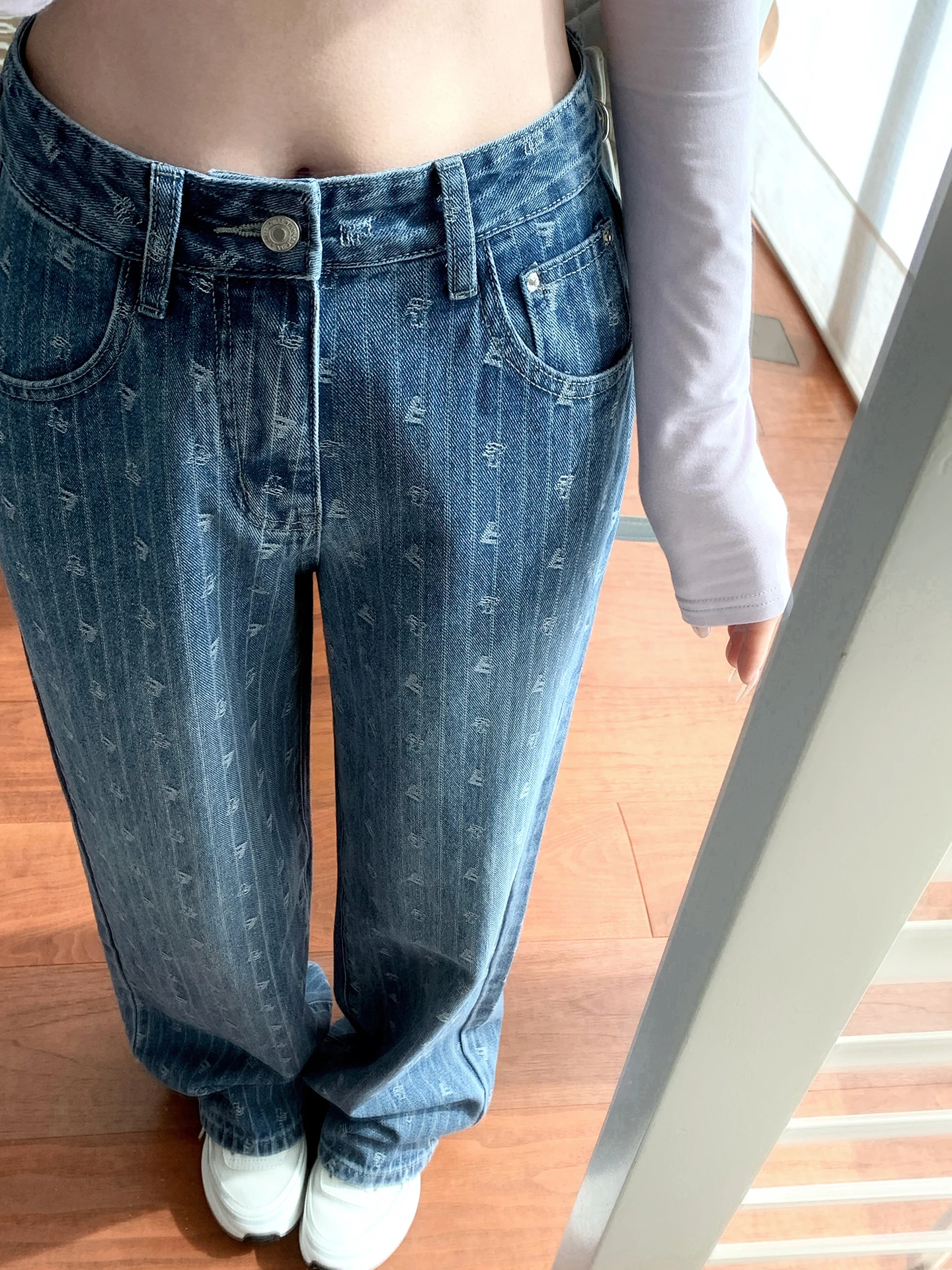 

High Waist Wide Leg Denim Jeans Women's Spring New Loose Fit Printed Lettering Floral Pattern Casual Style Ladies Jeans