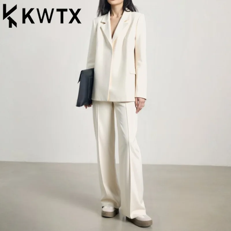 

KWTX 2025 Spring Summer Women’s Blazer Wide Leg Pants Set 2 Piece Solid Color Lapel Collar Hidden Button Luxury Elegant Designer