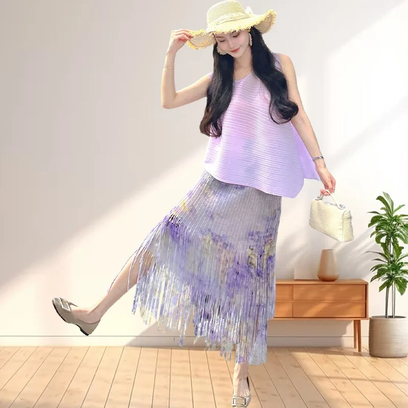 

French Romantic Chic Set Miyake Summer Purple Top T-shirt Floral Fringe Half Skirt Pleated Clothing Women Vacation Dating Wear