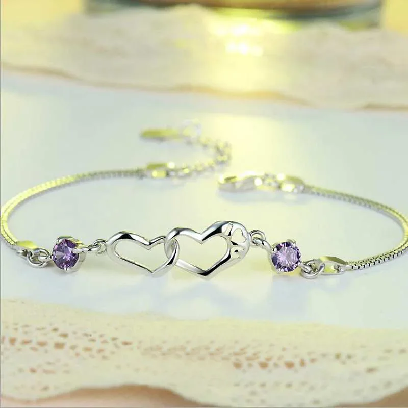 

Anglang double heart clear/purple cubic zirconia real 925 sterling silver bracelets for Women wedding party fine jewelry y084