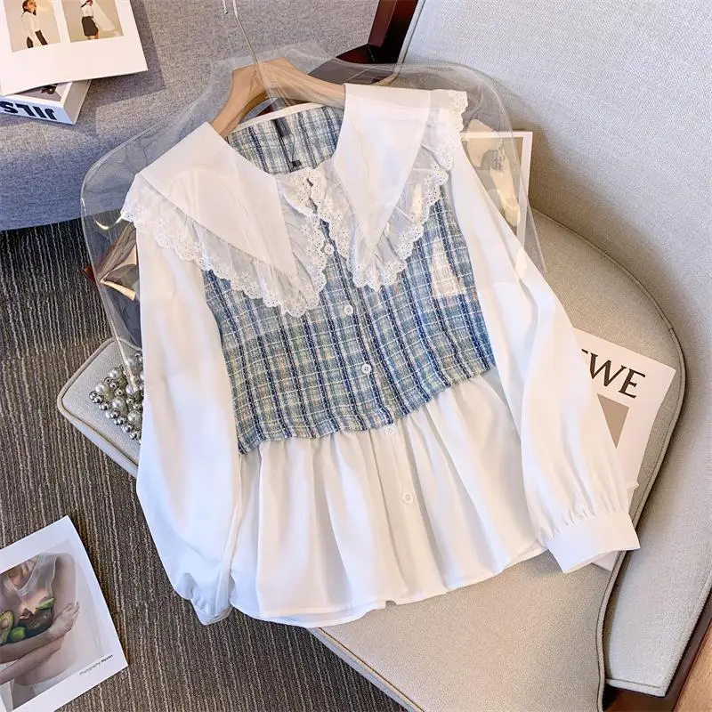 French Style Fashion Spring New Blouses Women\'s Peter Pan Collar Ruffles Patchwork Plaid Button Ruched Loose Long Sleeve Shirts