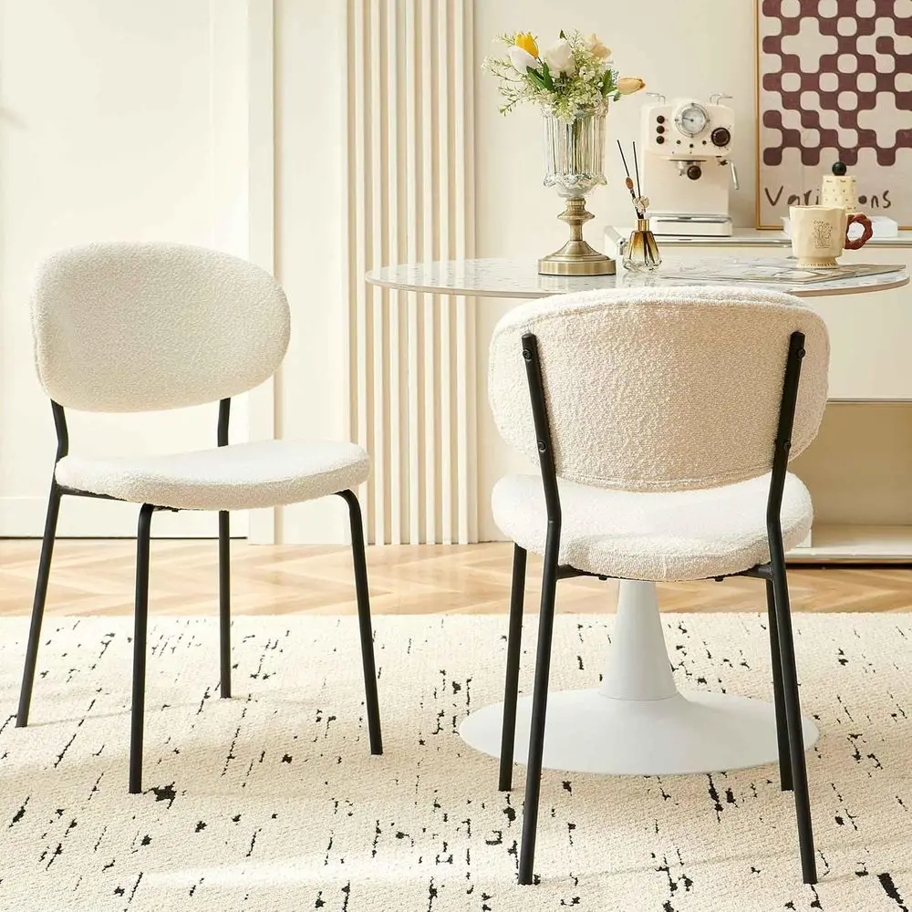 

White Boucle Upholstered Curved Backrest Dining Chairs Set of 2 with Metal Legs for Kitchen, Restaurant Use