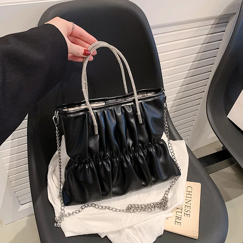 

Women's Pleated Handheld Bag Summer New Korean Versatile Oblique Straddle Chain Bag Large Capacity One Shoulder Tote Bag