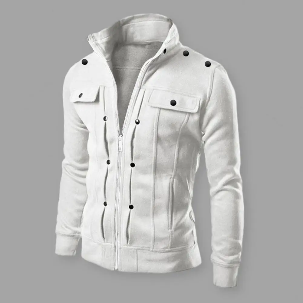 

Fashionable Men Outerwear Men's Solid Color Stand Collar Jacket with Buttons Zipper Closure for Spring Autumn Long for Men