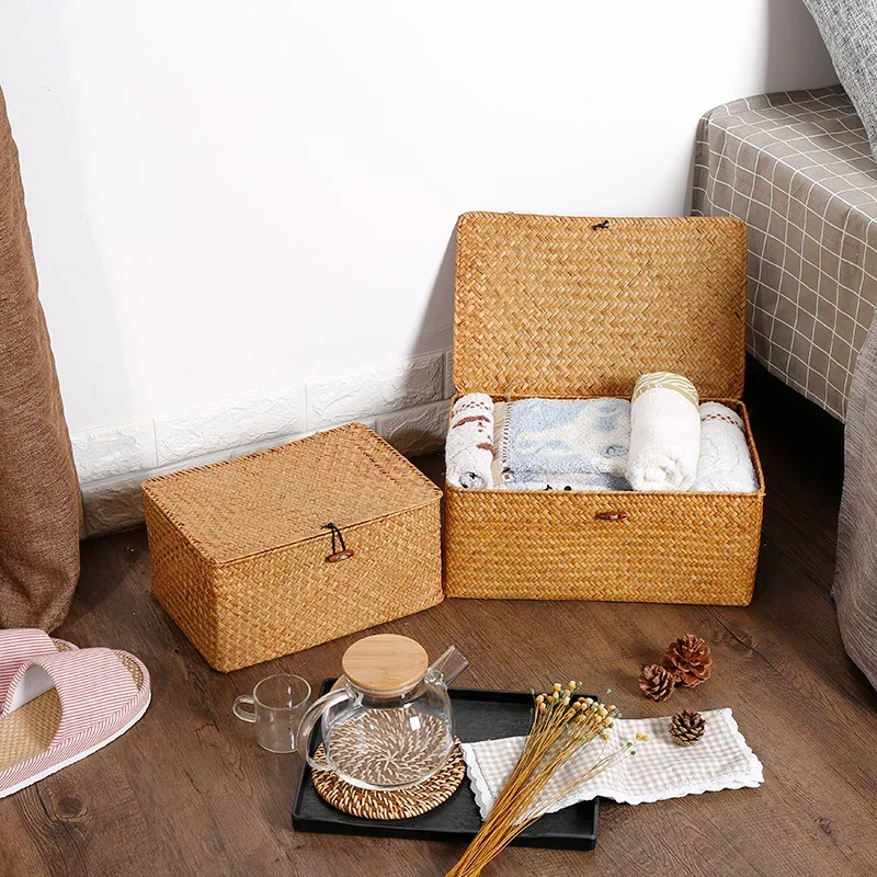 Handmade Seagrass Woven Storage Box Seaweed Storage Finishing Basket with Lid Sundry Bath Cosmetic Towel Container mx01161829